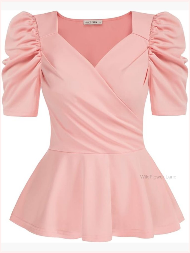Elegant Dressy Peplum Wrap Top V Neck Puff Short Sleeve Blouse